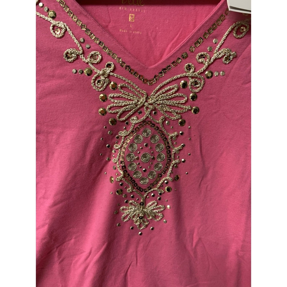 Belle Kim Gravel Cotton Stretch Embroidered Bling Top Pink Large NEW - Picture 3 of 13